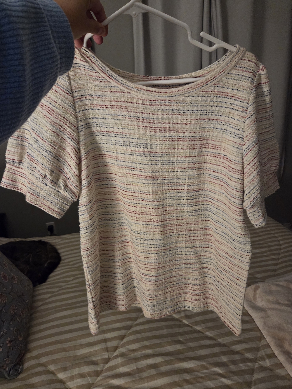 LOFT Cream Short Sleeve Textured Tee with Multicolor Stripes